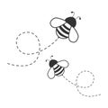 Bee flying on a dotted route. Black and white bee characters